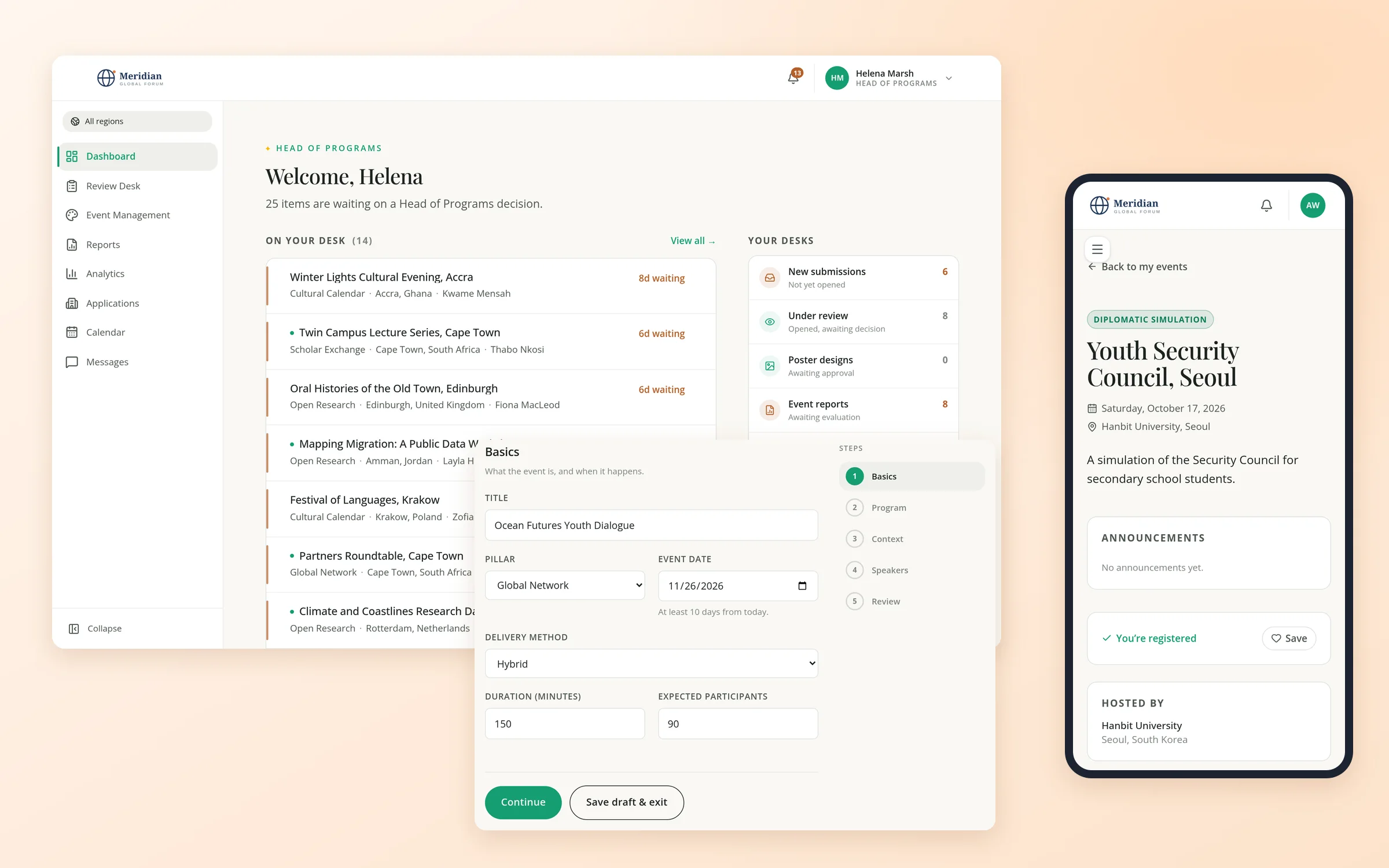 The Head of Programs dashboard with proposals waiting on a decision, a coordinator's new proposal form, and a member registered for an event on a phone.